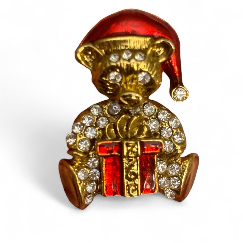 Vintage Gold-tone Teddy Bear Christmas Brooch with Rhinestones and Enamel